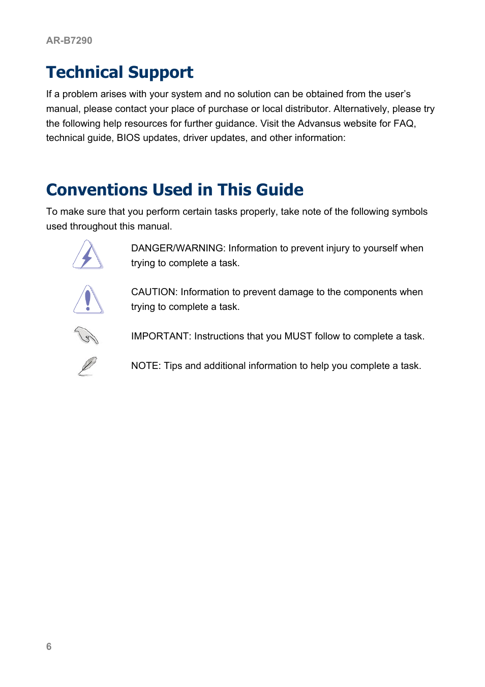 Technical support, Conventions used in this guide | Acrosser AR-B7290 User Manual | Page 6 / 69