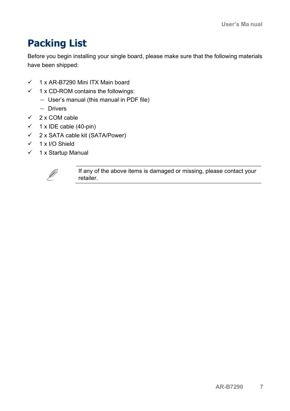 Packing list | Acrosser AR-B7290 User Manual | Page 7 / 69