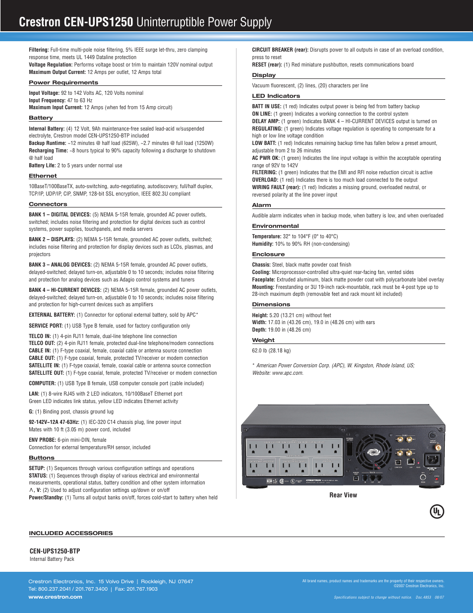 Crestron cen-ups1250 uninterruptible power supply | Crestron electronic CEN-UPS1250 User Manual | Page 2 / 2