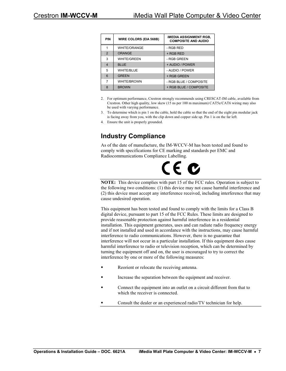 Industry compliance | Crestron electronic IM-WCCV User Manual | Page 11 / 24