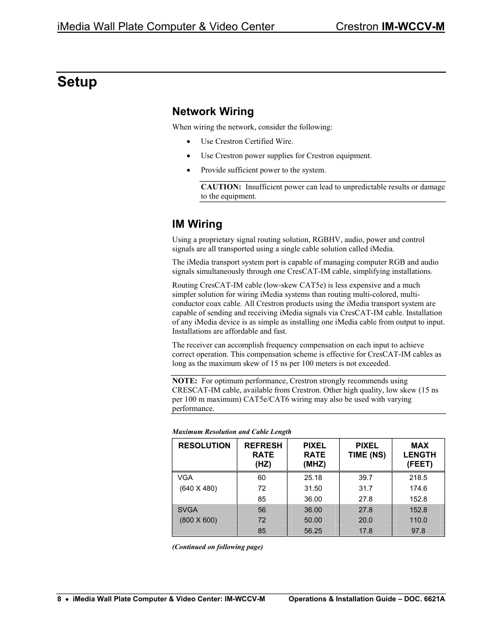 Setup, Network wiring, Im wiring | Crestron electronic IM-WCCV User Manual | Page 12 / 24