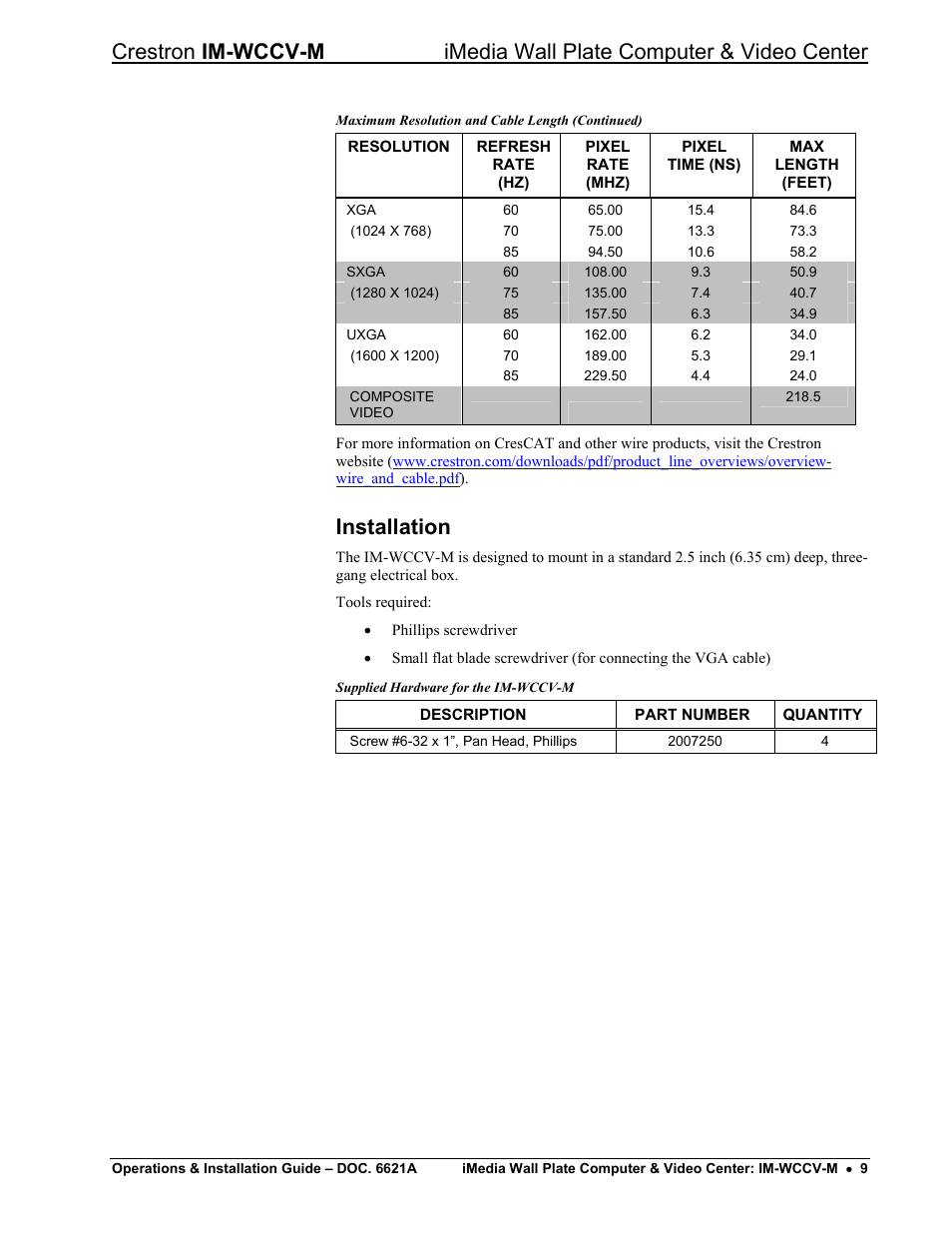 Installation | Crestron electronic IM-WCCV User Manual | Page 13 / 24