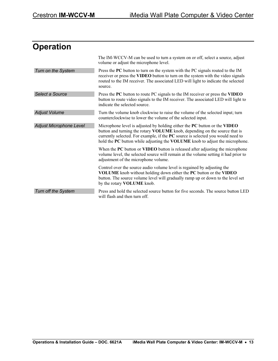 Operation | Crestron electronic IM-WCCV User Manual | Page 17 / 24