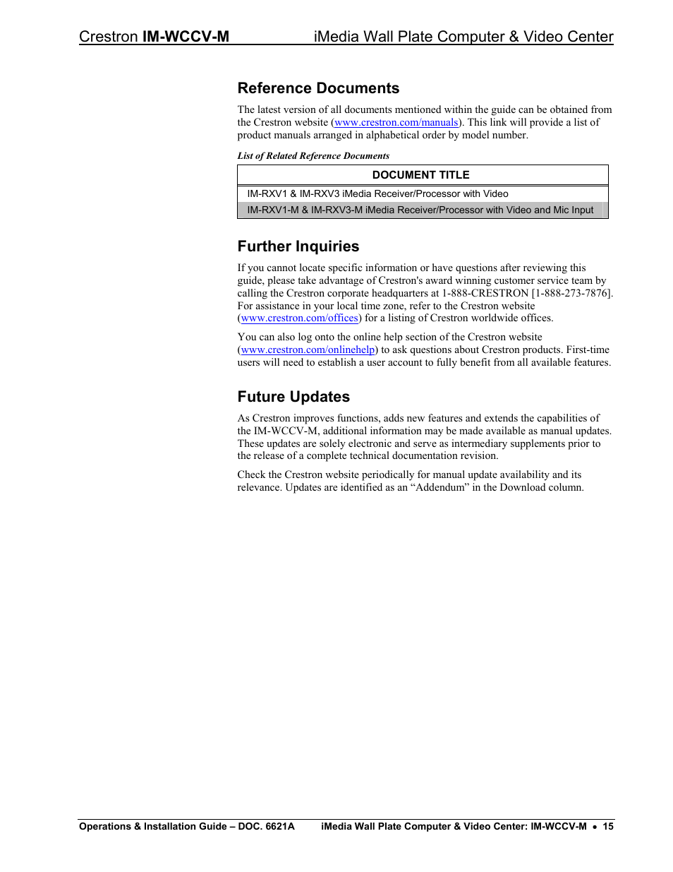 Reference documents, Further inquiries, Future updates | Crestron electronic IM-WCCV User Manual | Page 19 / 24