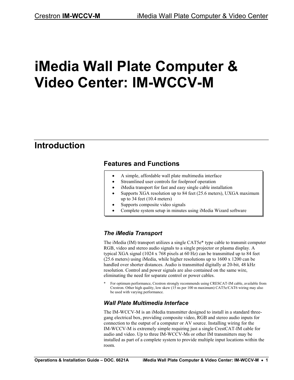 Introduction, Features and functions | Crestron electronic IM-WCCV User Manual | Page 5 / 24