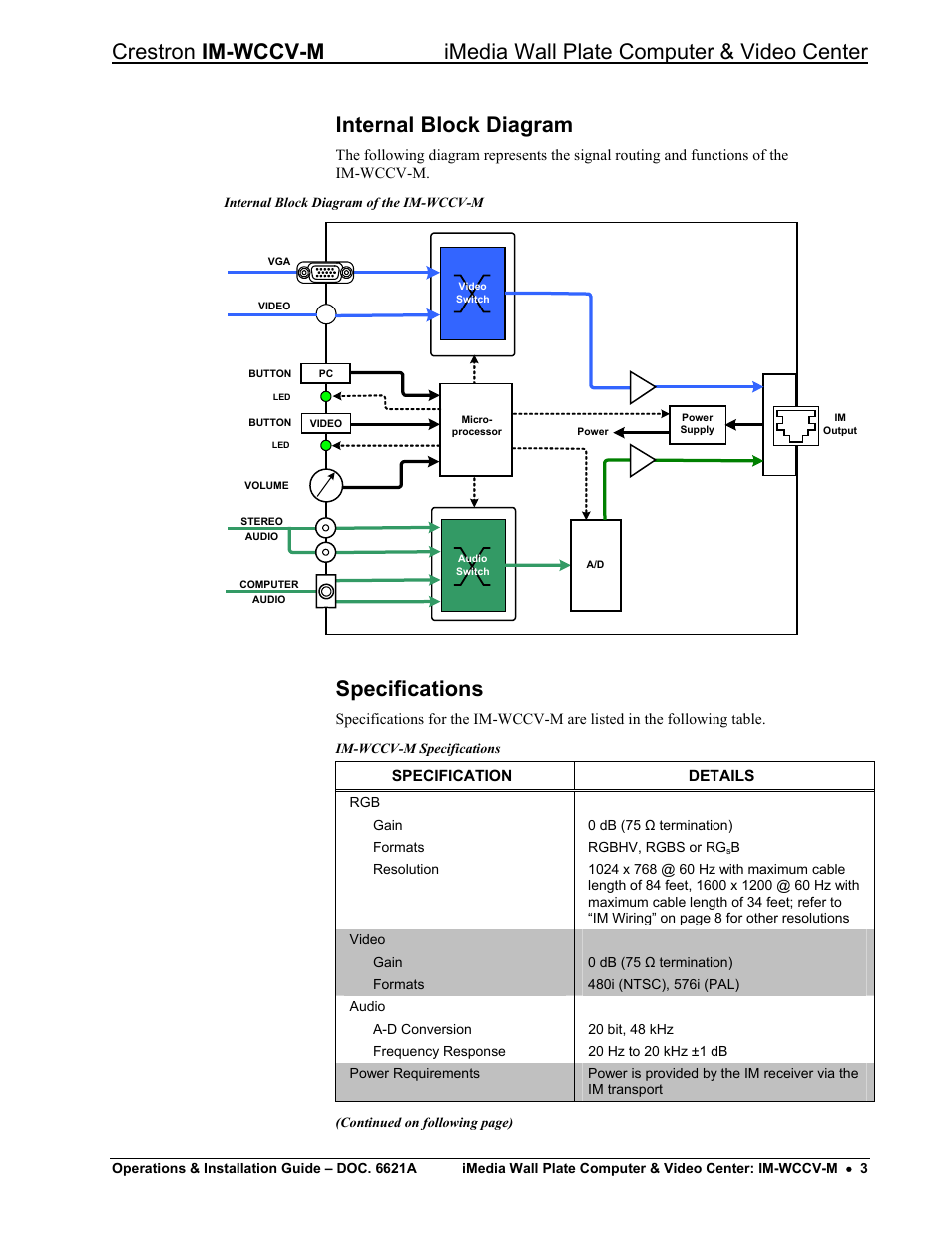 Internal block diagram, Specifications | Crestron electronic IM-WCCV User Manual | Page 7 / 24