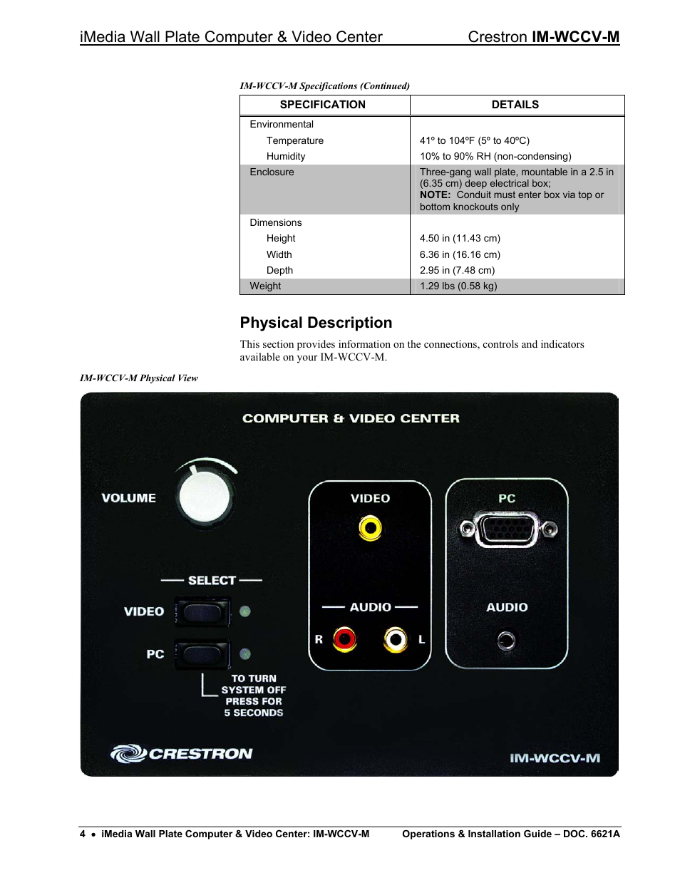 Physical description | Crestron electronic IM-WCCV User Manual | Page 8 / 24