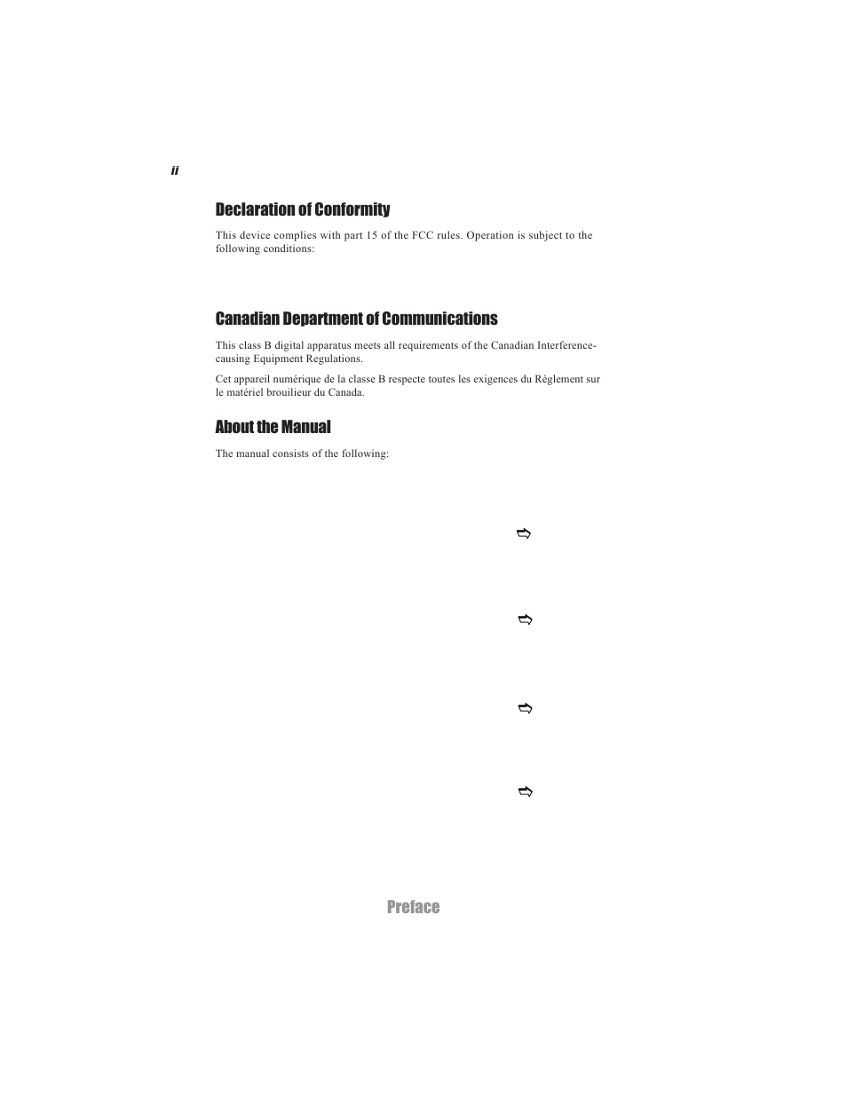 Preface declaration of conformity, Canadian department of communications, About the manual | Acrosser AR-B5495 User Manual | Page 2 / 54