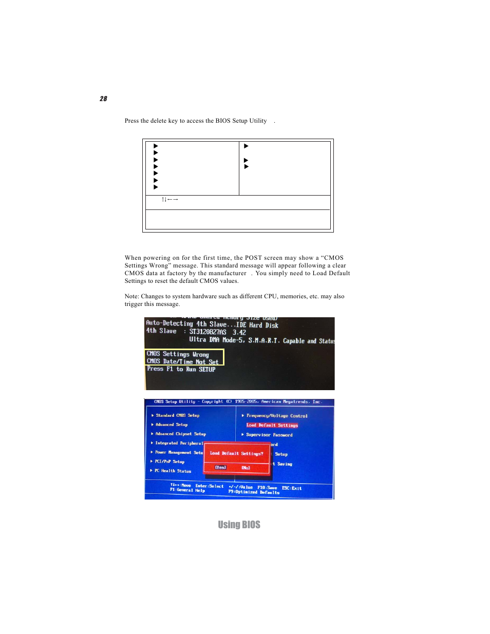 Using bios, Fresetting the default cmos values | Acrosser AR-B5495 User Manual | Page 32 / 54