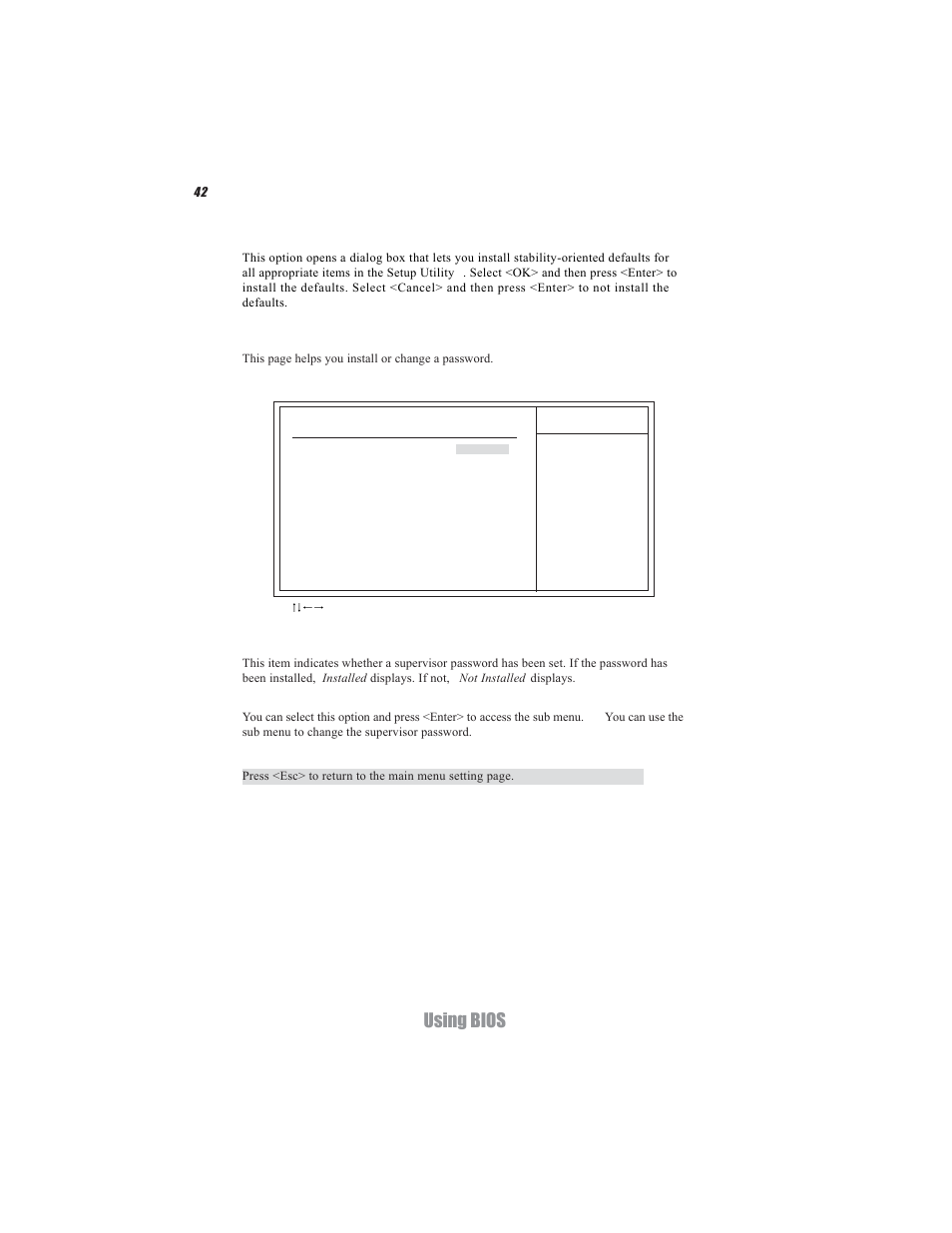 Using bios, Supervisor password, Load default settings | Acrosser AR-B5495 User Manual | Page 46 / 54