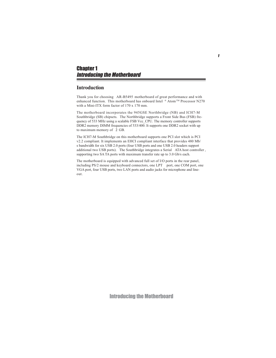 Introducing the motherboard, Introducing the motherboard chapter 1, Introduction | Acrosser AR-B5495 User Manual | Page 5 / 54