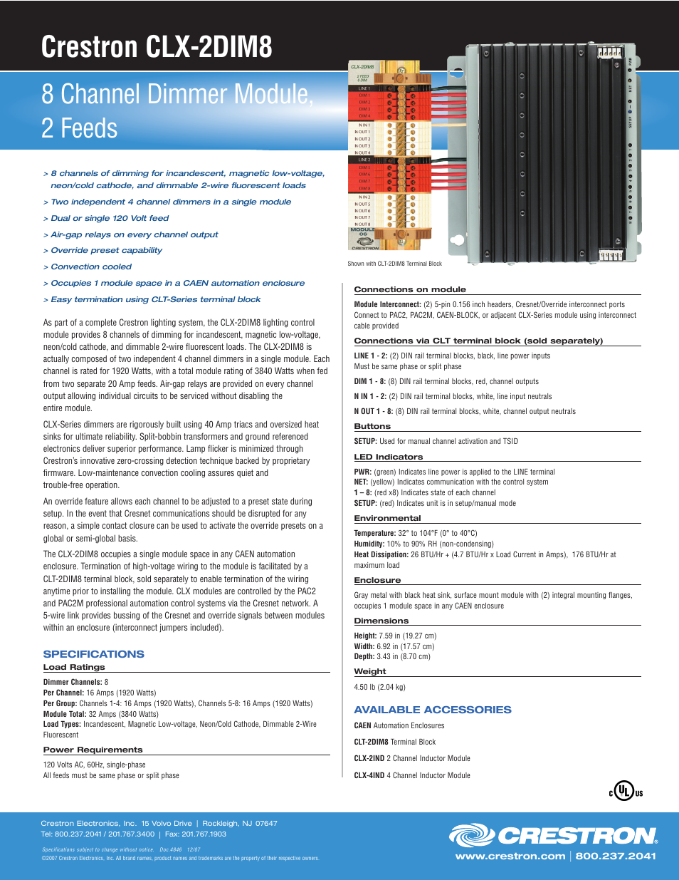 Crestron electronic 8 Channel Dimmer Module CLX-2DIM8 User Manual | 1 page