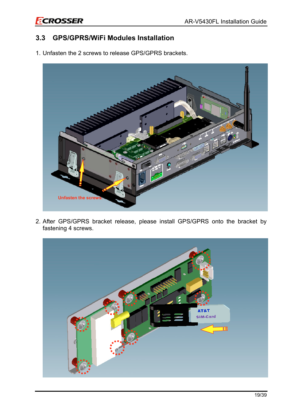 Gps/gprs/wifi modules installation, 3 gps/gprs/wifi modules installation | Acrosser AR-V5430FLAT User Manual | Page 19 / 39