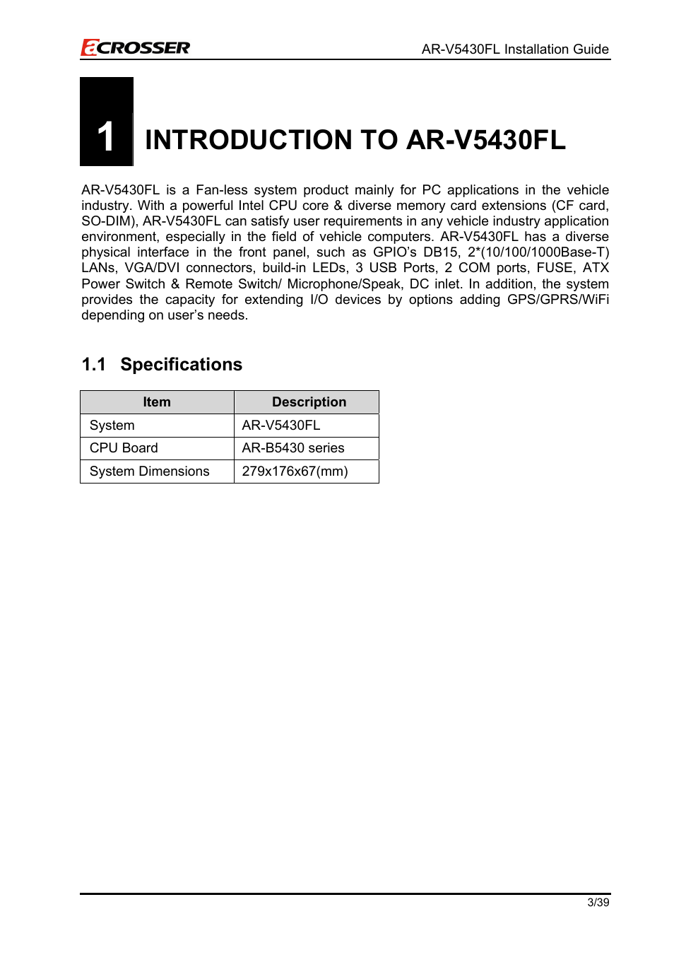 Introduction to ar-v5430fl, Specifications | Acrosser AR-V5430FLAT User Manual | Page 3 / 39