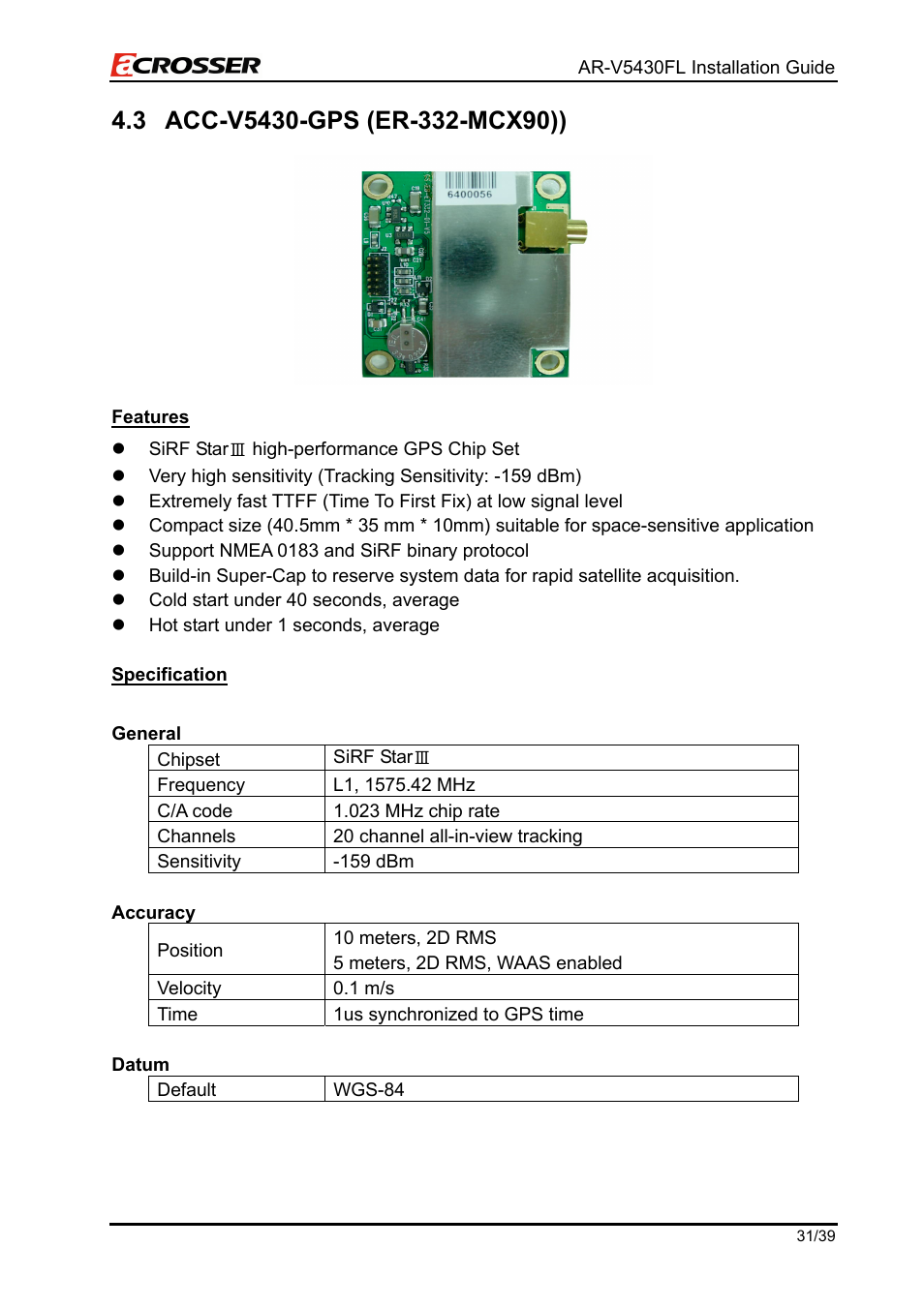 General, Accuracy, Datum | Acc-v5430-gps (er-332-mcx90)) | Acrosser AR-V5430FLAT User Manual | Page 31 / 39