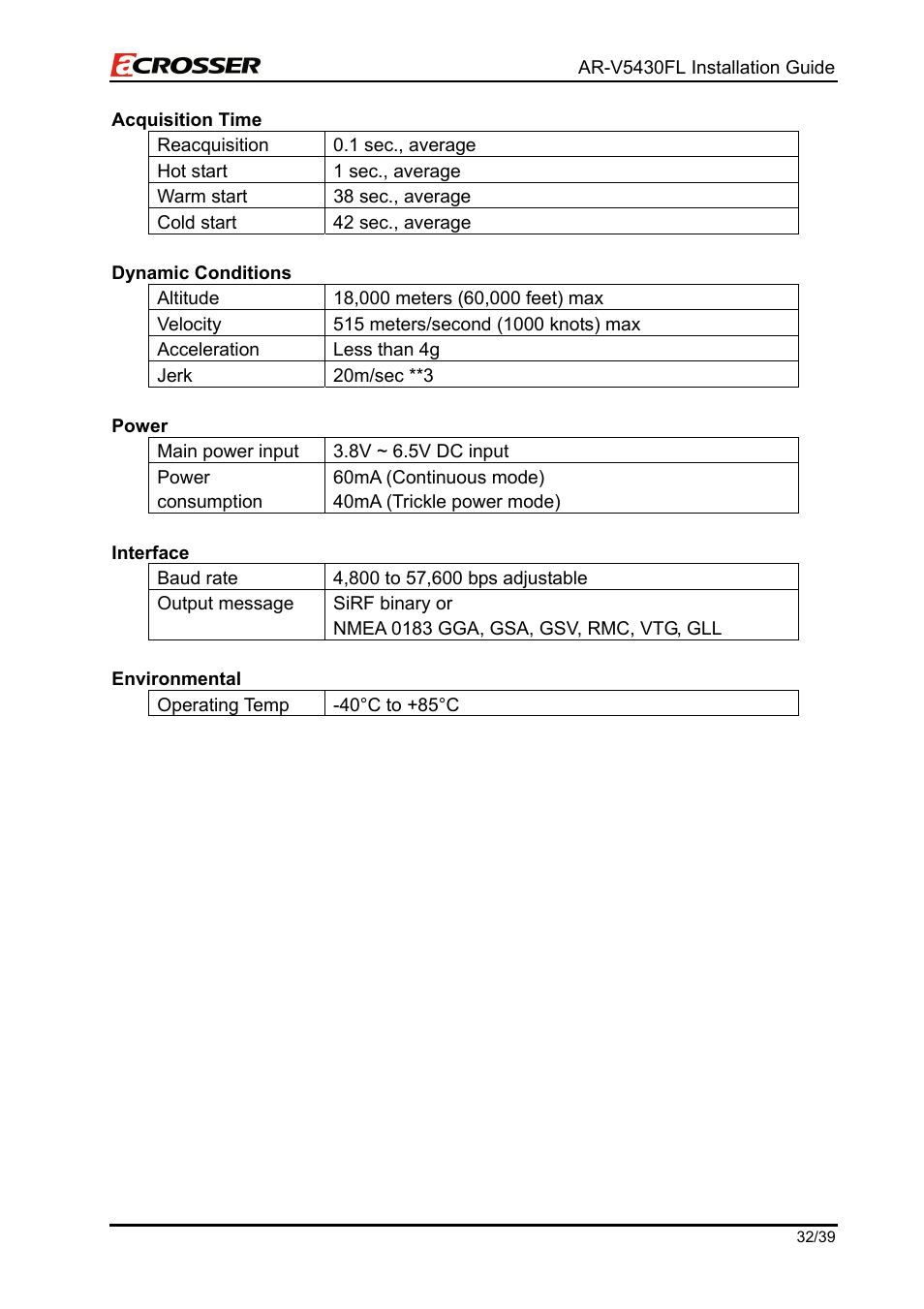 Acquisition time, Dynamic conditions, Power | Interface, Environmental | Acrosser AR-V5430FLAT User Manual | Page 32 / 39