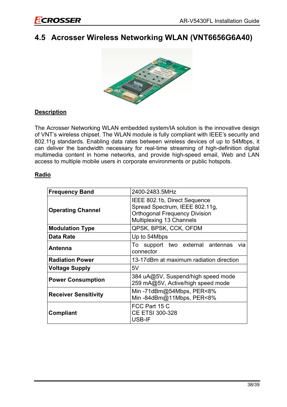 Acrosser wireless networking wlan (vnt6656g6a40) | Acrosser AR-V5430FLAT User Manual | Page 38 / 39