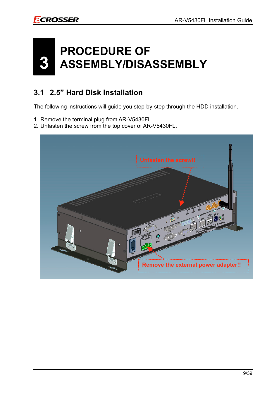 Procedure of assembly/disassembly, 5” hard disk installation | Acrosser AR-V5430FLAT User Manual | Page 9 / 39