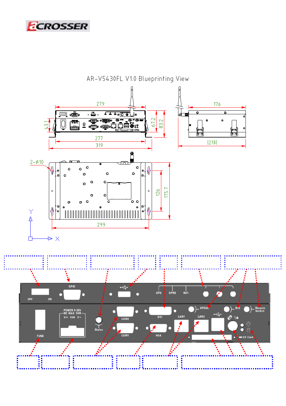 1) dimensions, 2) front panel “i/o | Acrosser AR-V5430FL User Manual | Page 4 / 20