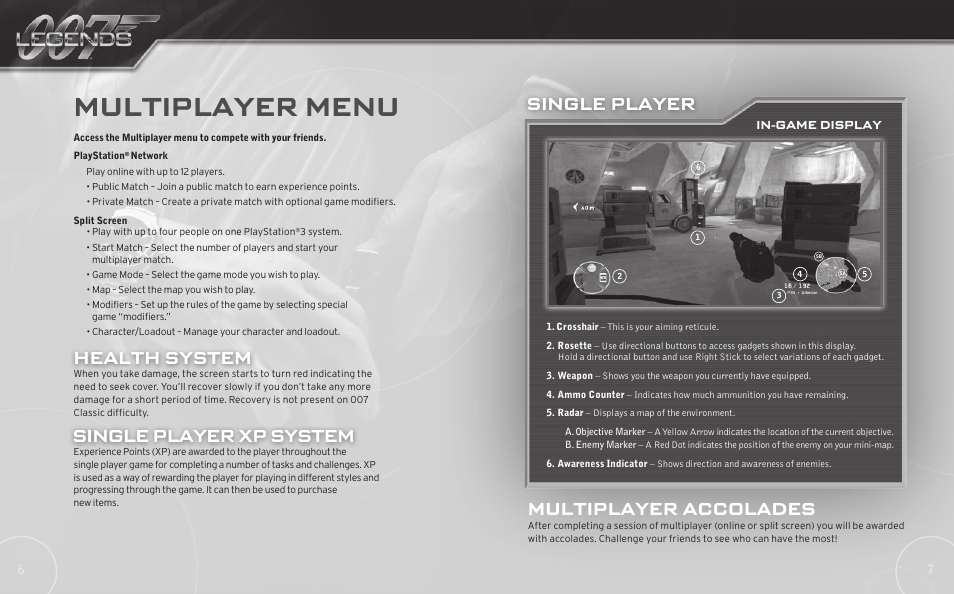 Multiplayer menu, Single player, Multiplayer accolades | Single player xp system health system | Activision 007: Legends User Manual | Page 4 / 6