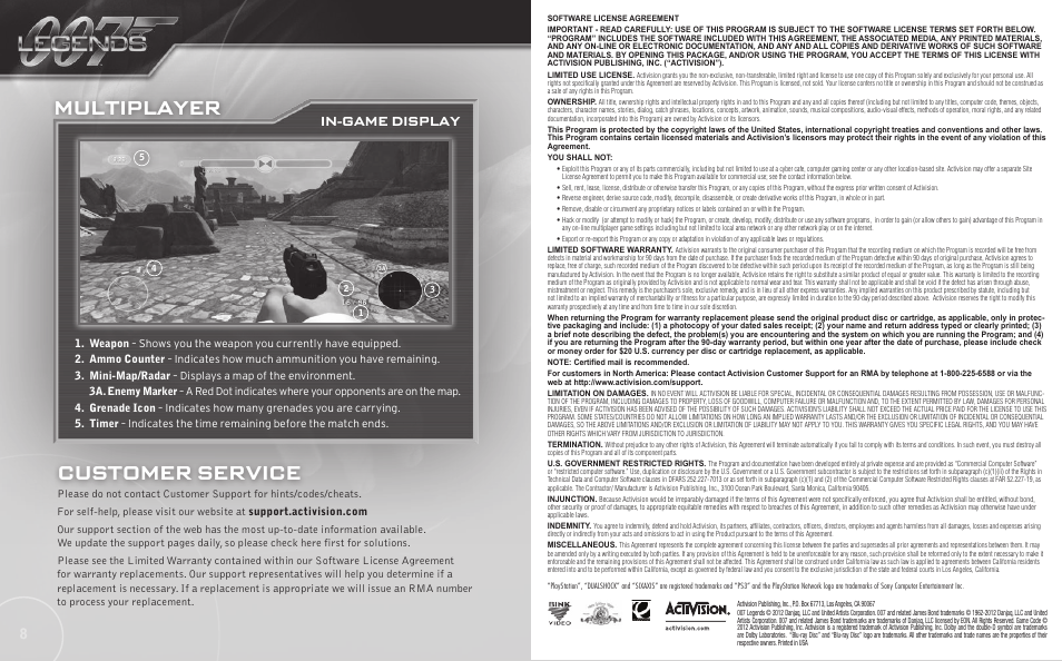 Multiplayer, Customer service, In-game display | Activision 007: Legends User Manual | Page 5 / 6