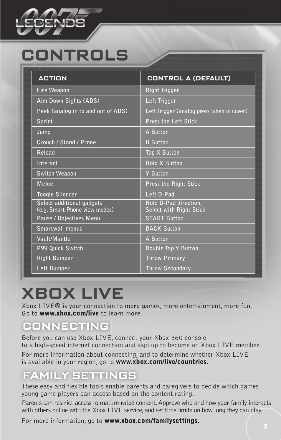 Xbox live, Controls, Family settings connecting | Activision 007: Legends User Manual | Page 3 / 8