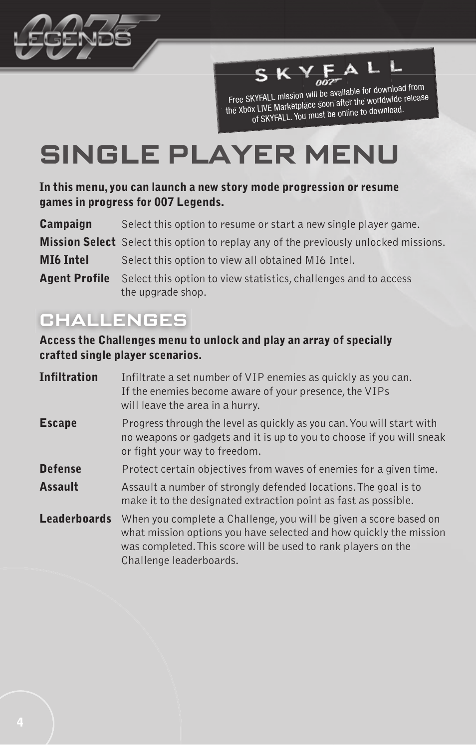 Single player menu, Challenges | Activision 007: Legends User Manual | Page 4 / 8