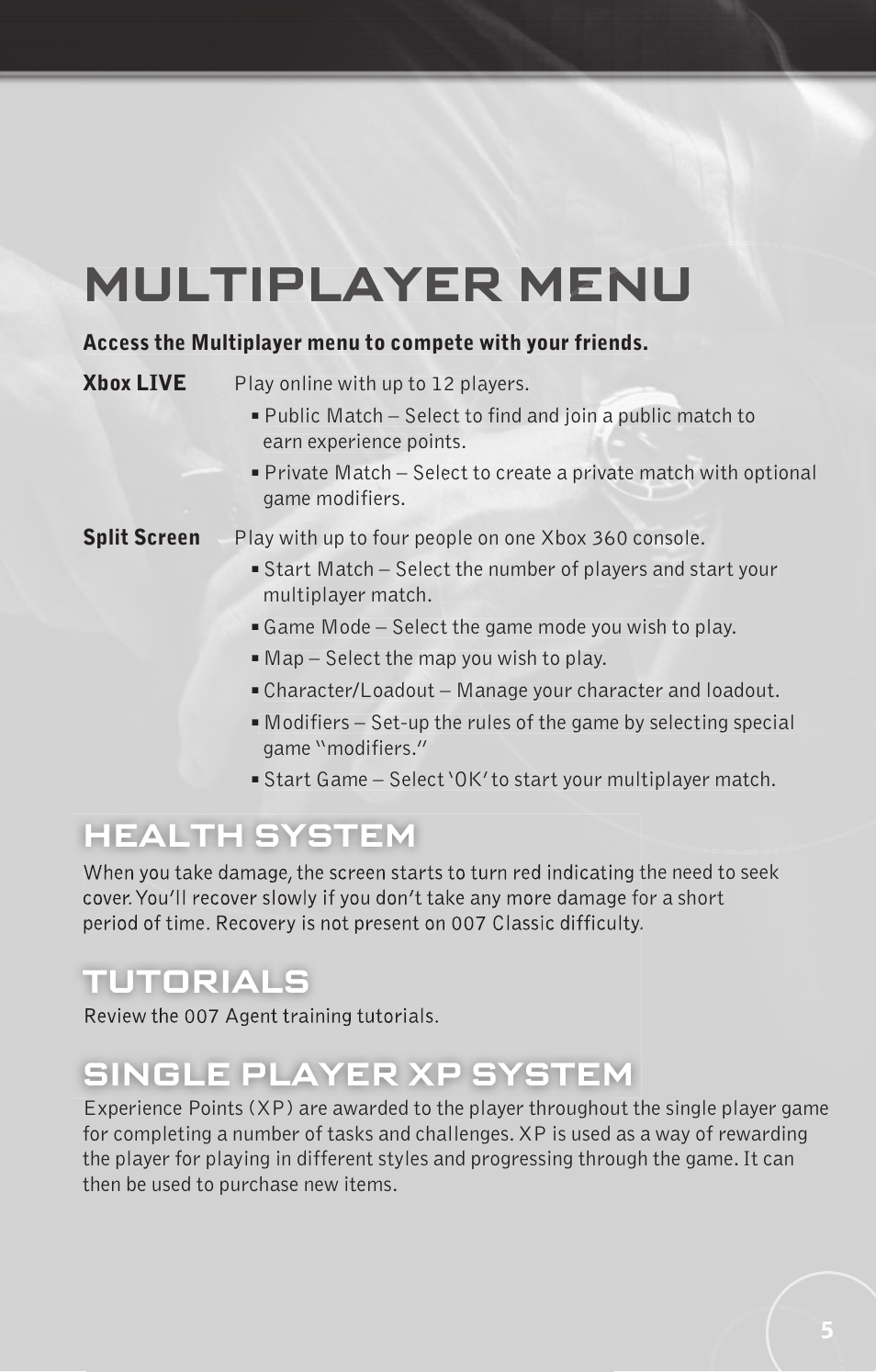 Multiplayer menu, Health system tutorials single player xp system | Activision 007: Legends User Manual | Page 5 / 8