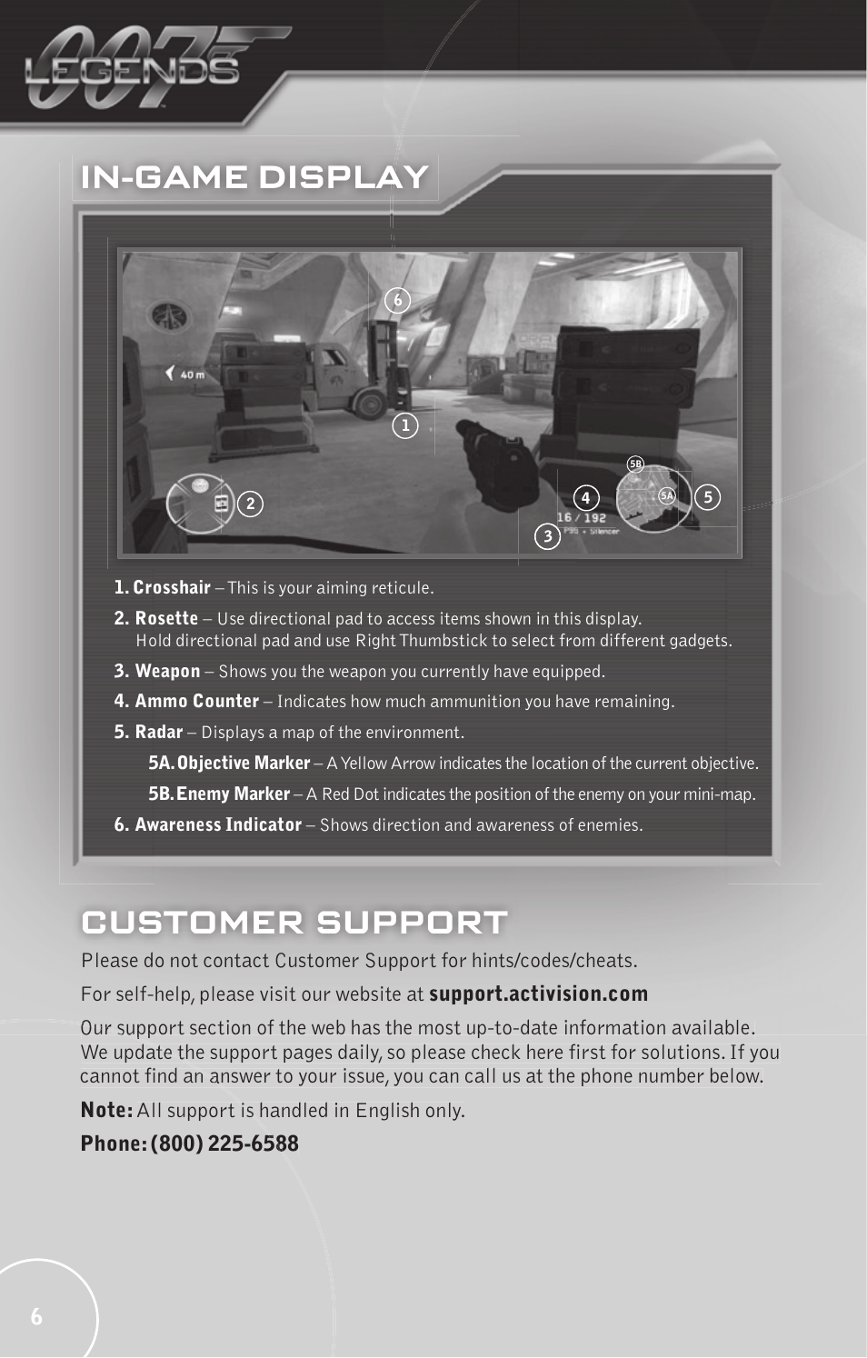 In-game display, Customer support | Activision 007: Legends User Manual | Page 6 / 8