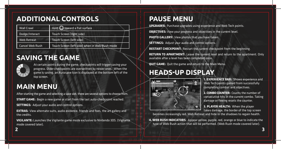 Pause menu, Heads-up display, Additional controls | Saving the game, Main menu | Activision Amazing Spider-Man User Manual | Page 4 / 6