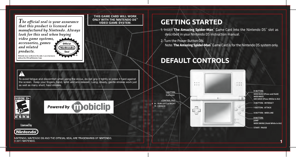 Getting started, Default controls, Caution - stylus use | Activision Amazing Spider-Man User Manual | Page 3 / 6