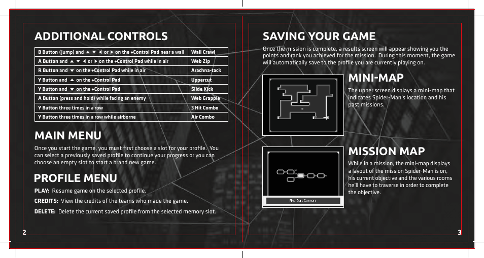 Saving your game, Mini-map, Mission map | Additional controls, Main menu, Profile menu | Activision Amazing Spider-Man User Manual | Page 4 / 6