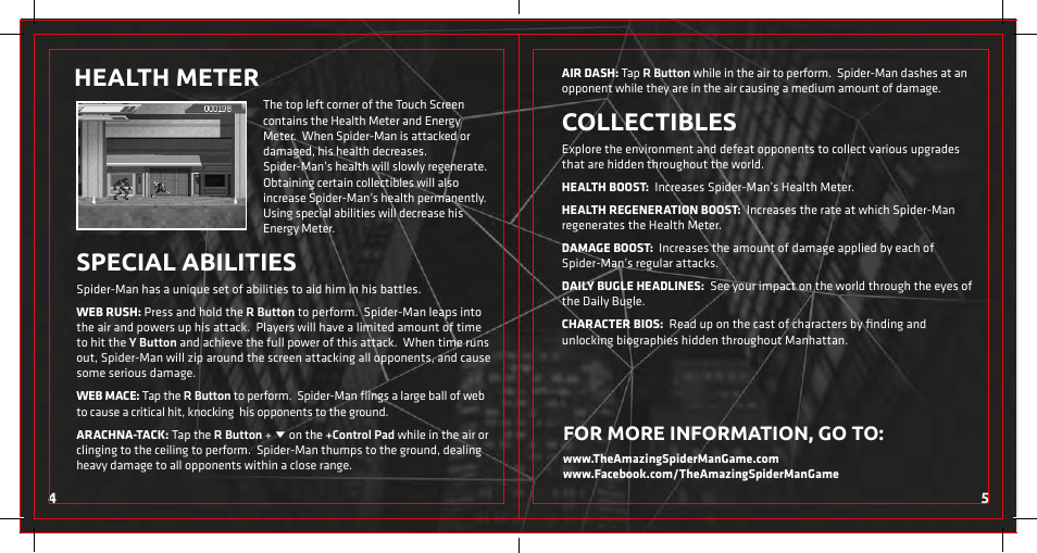 Collectibles, Health meter, Special abilities | For more information, go to | Activision Amazing Spider-Man User Manual | Page 5 / 6