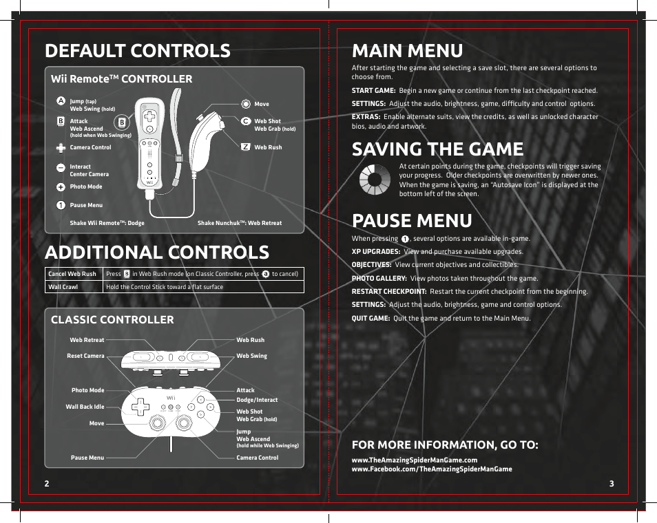 Main menu, Saving the game, Pause menu | Default controls additional controls, Classic controller, For more information, go to, Wii remote, Controller | Activision Amazing Spider-Man User Manual | Page 3 / 4