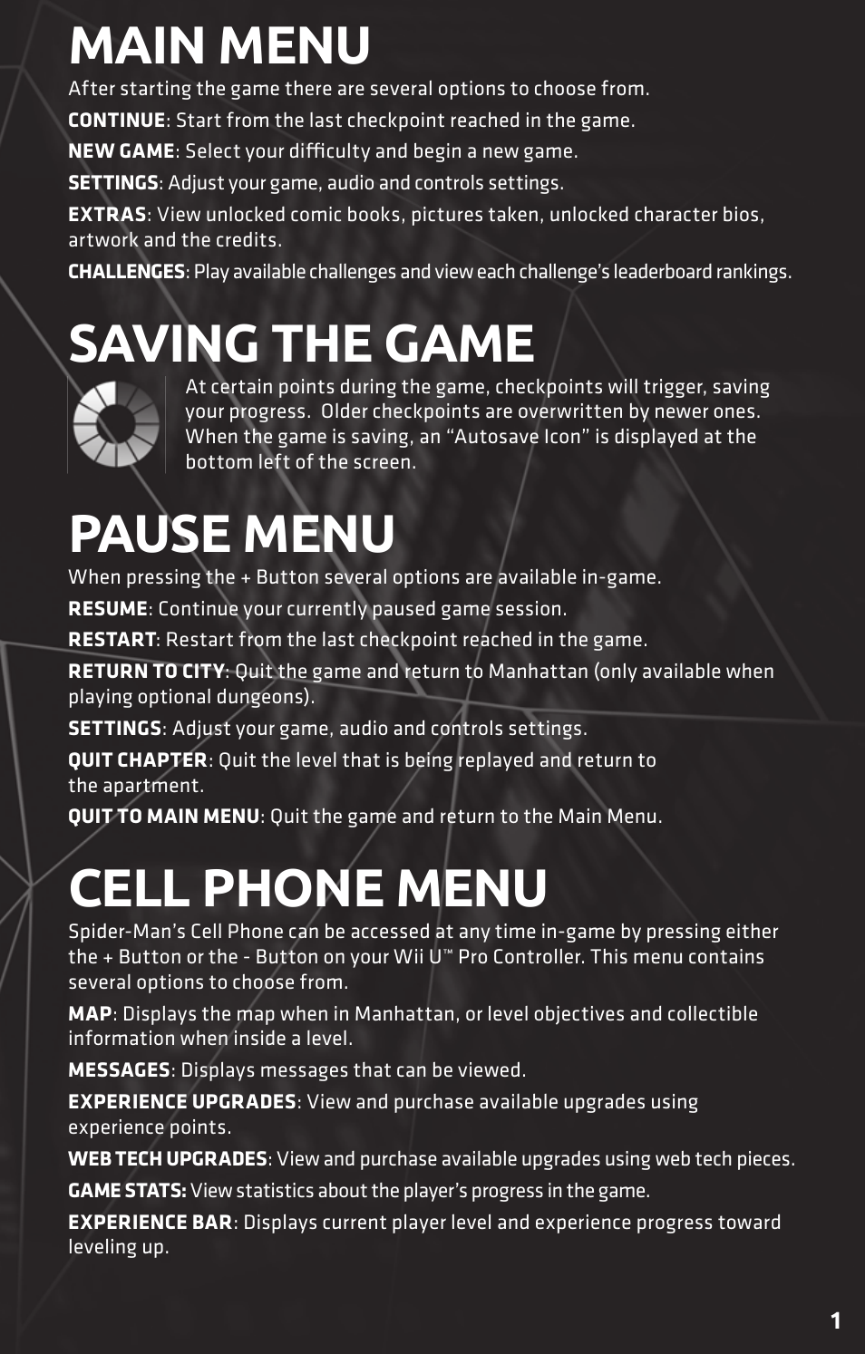 Main menu, Saving the game, Pause menu | Cell phone menu | Activision Amazing Spider-Man User Manual | Page 3 / 10