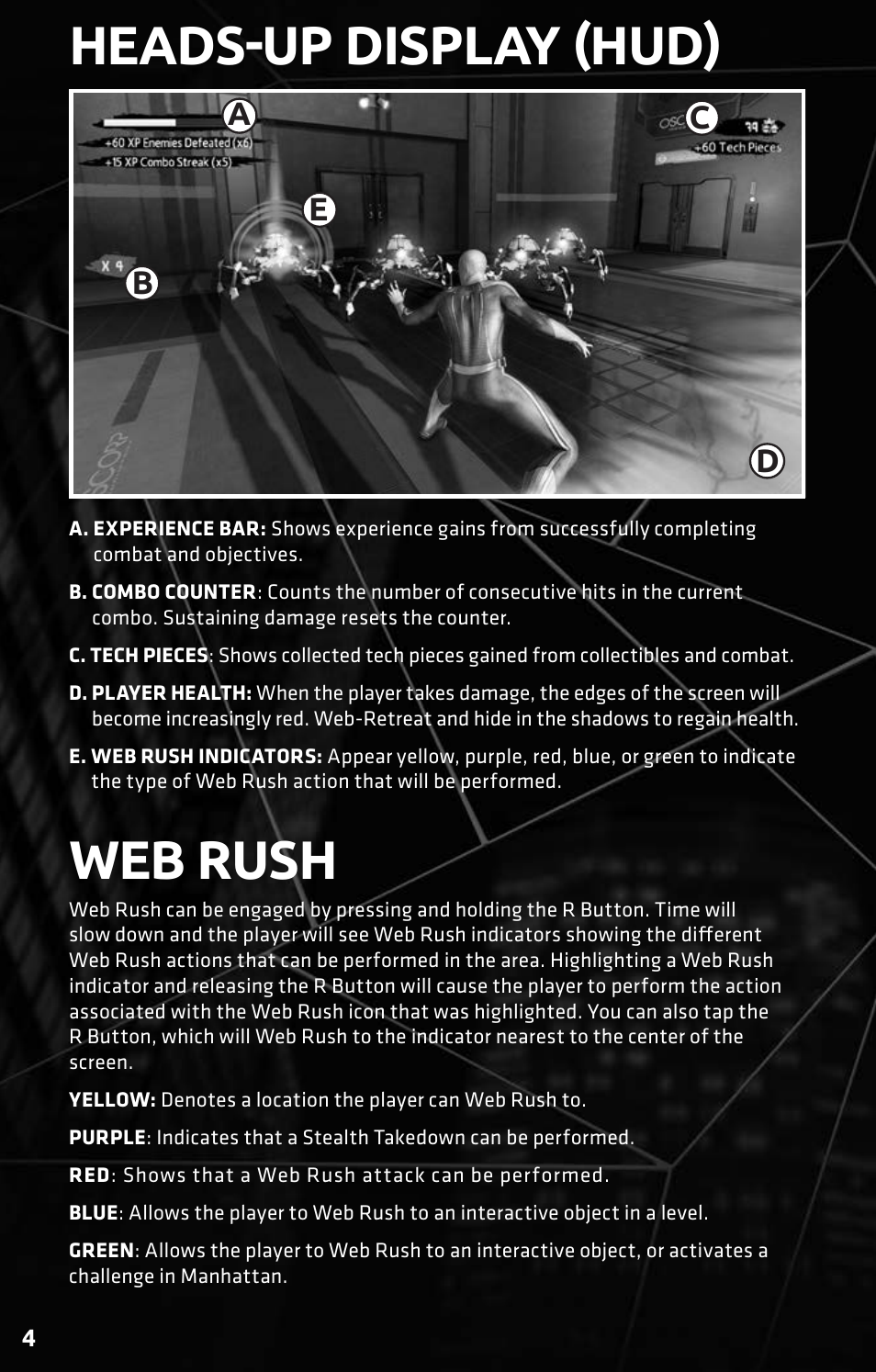 Headsǖup display ǔhudǔ, Web rush, Ac e b d | Activision Amazing Spider-Man User Manual | Page 6 / 10