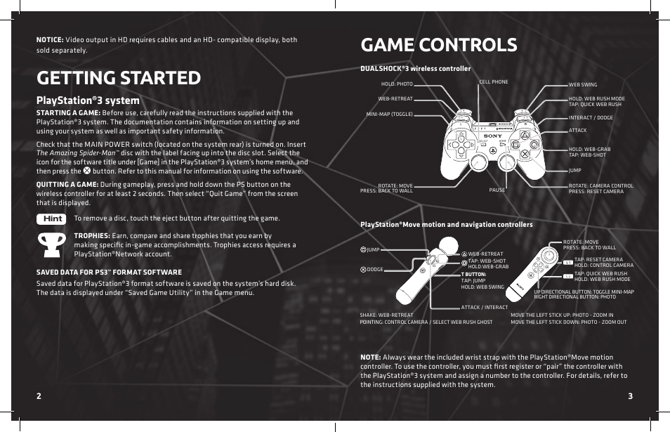 Getting started, Game controls, Playstation®3 system | Activision Amazing Spider-Man User Manual | Page 3 / 6