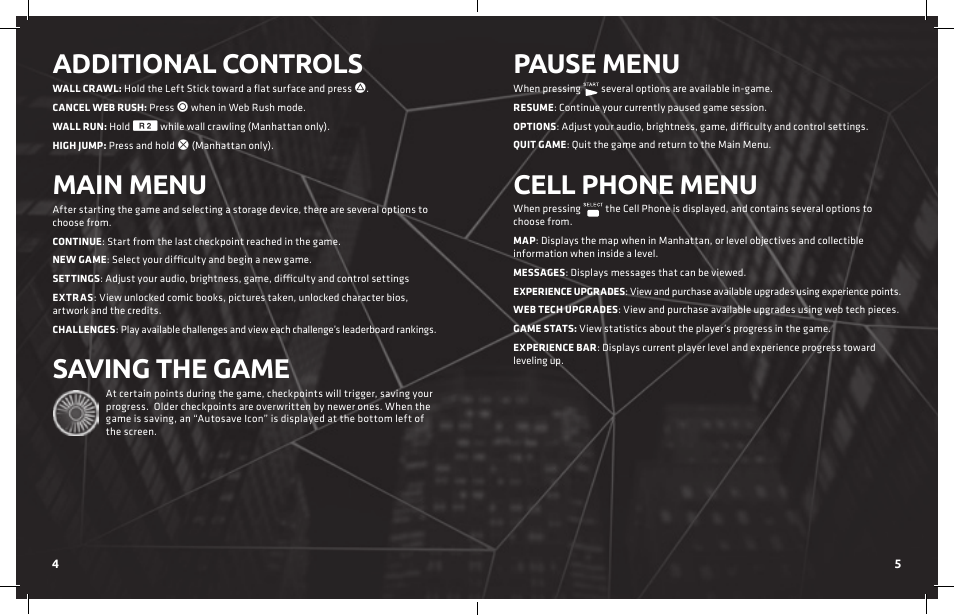 Additional controls, Main menu, Saving the game | Pause menu, Cell phone menu | Activision Amazing Spider-Man User Manual | Page 4 / 6