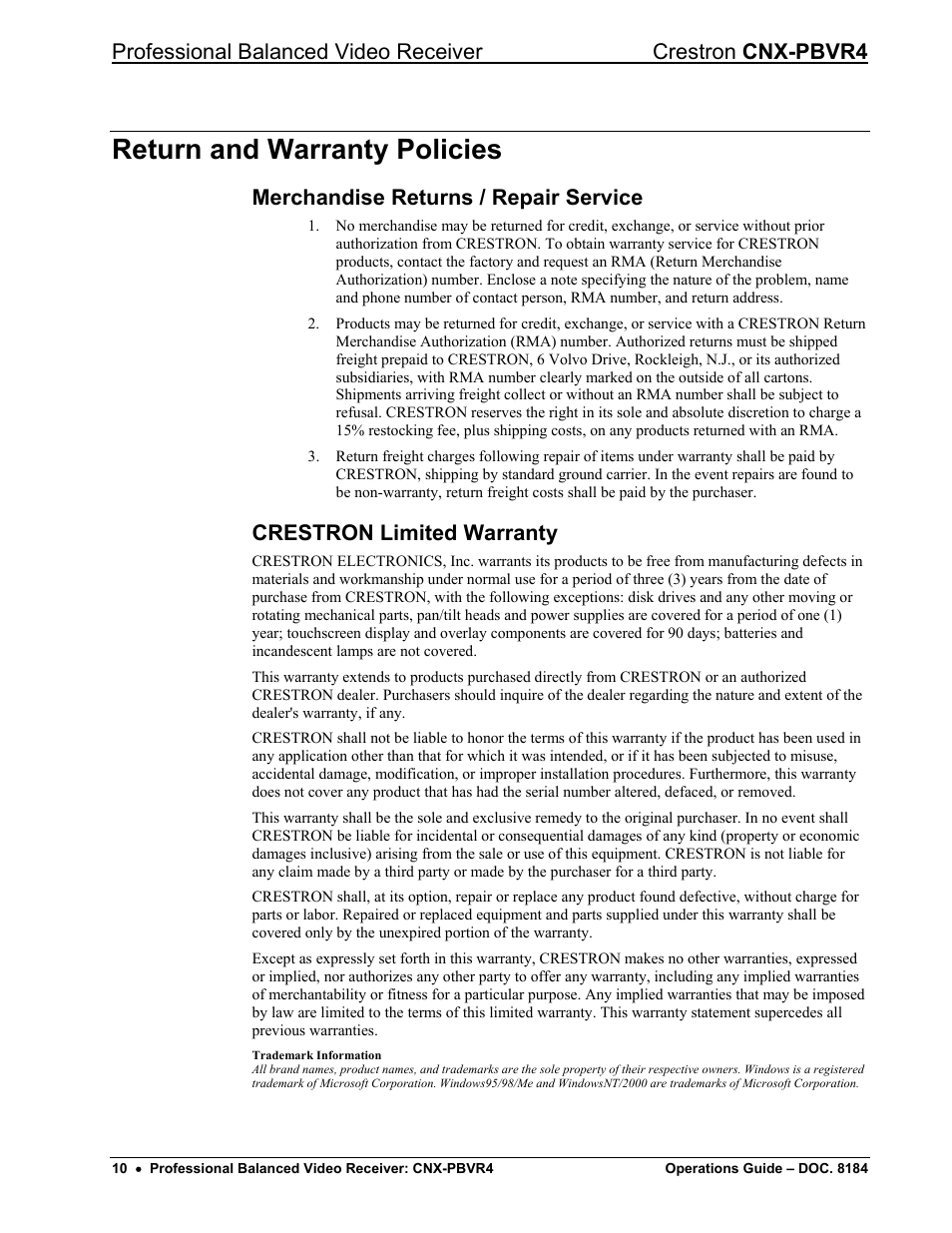 Return and warranty policies, Merchandise returns / repair service, Crestron limited warranty | Crestron electronic CNX-PBVR4 User Manual | Page 14 / 16