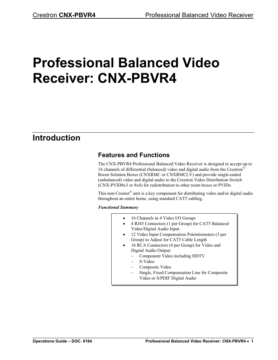Professional balanced video receiver: cnx-pbvr4, Introduction, Features and functions | Crestron electronic CNX-PBVR4 User Manual | Page 5 / 16