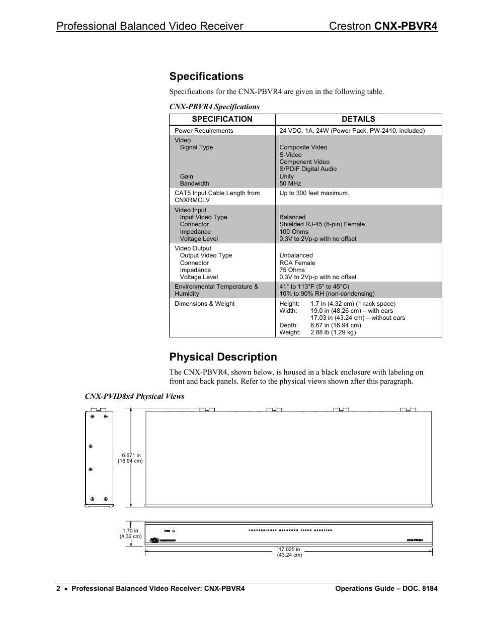 Specifications, Physical description | Crestron electronic CNX-PBVR4 User Manual | Page 6 / 16