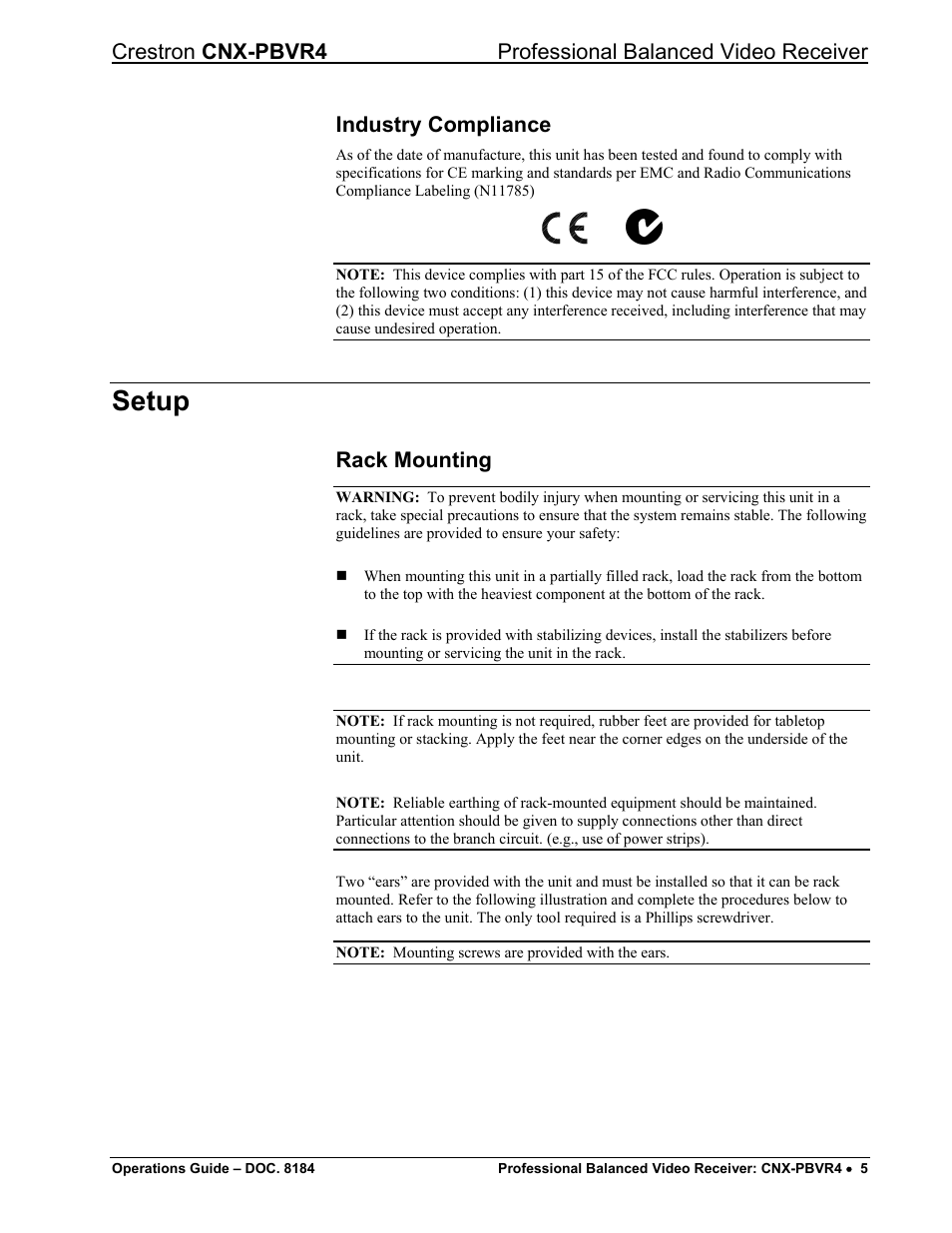 Industry compliance, Setup, Rack mounting | Crestron electronic CNX-PBVR4 User Manual | Page 9 / 16