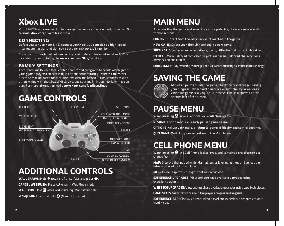 Xbox live, Game controls additional controls, Main menu | Saving the game, Pause menu, Cell phone menu | Activision Amazing Spider-Man User Manual | Page 3 / 4