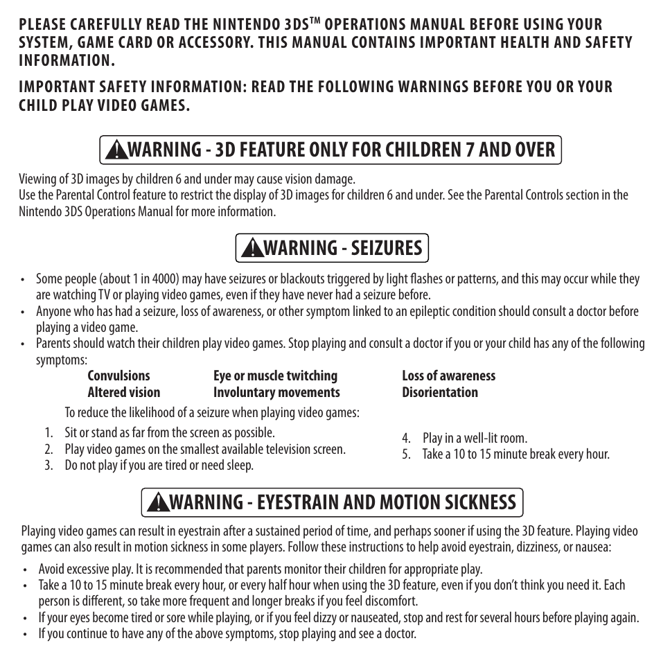 Warning - 3d feature only for children 7 and over, Warning - eyestrain and motion sickness, Warning - seizures | Activision Amazing Spider-Man 2 User Manual | Page 2 / 7