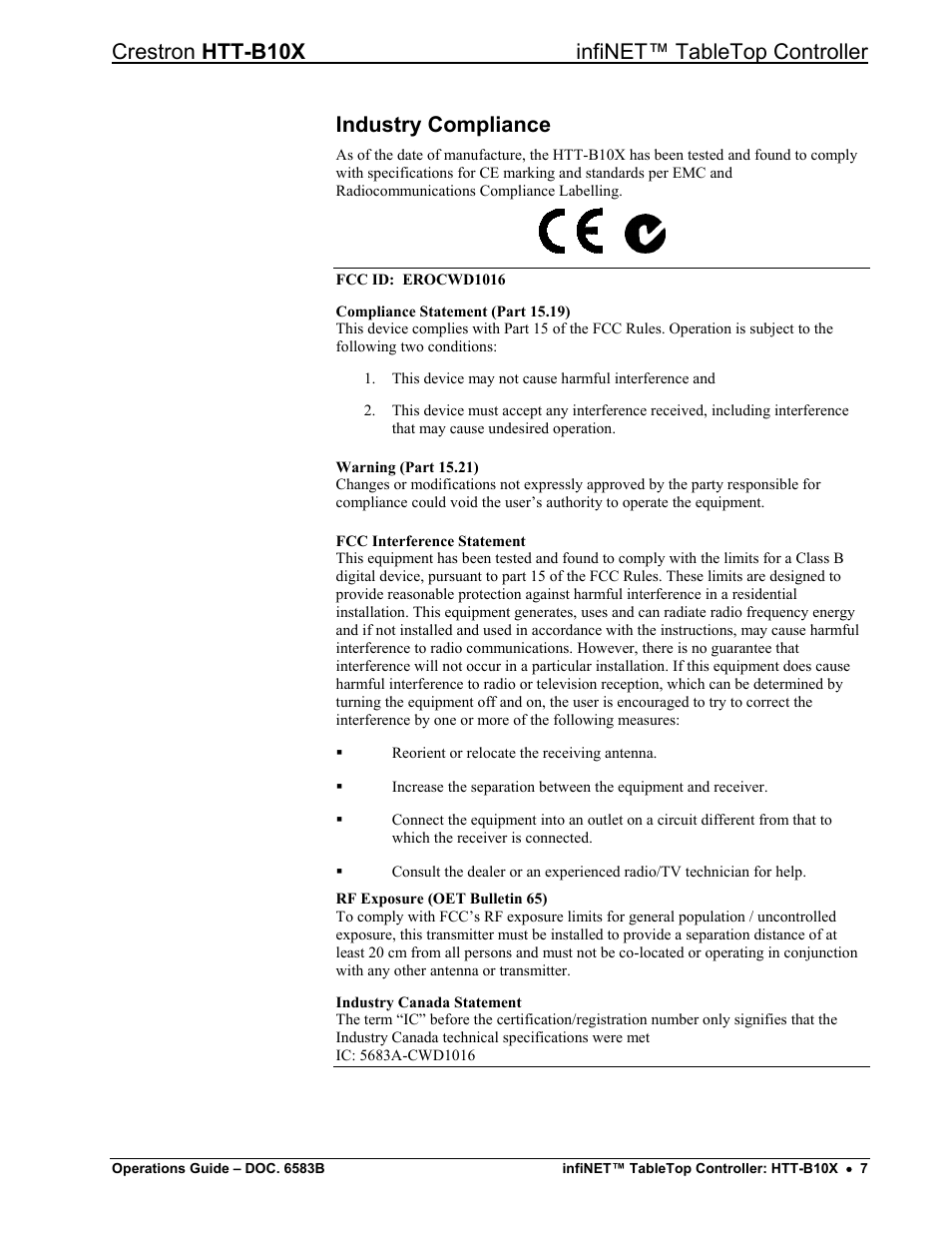 Industry compliance, Crestron htt-b10x infinet™ tabletop controller | Crestron electronic htt-b10x User Manual | Page 11 / 28