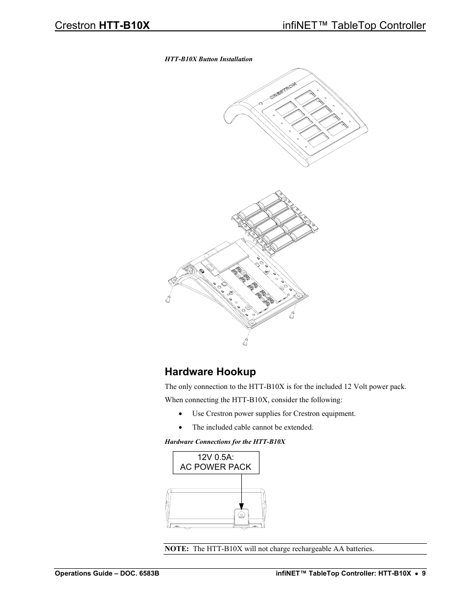 Hardware hookup, Crestron htt-b10x infinet™ tabletop controller | Crestron electronic htt-b10x User Manual | Page 13 / 28