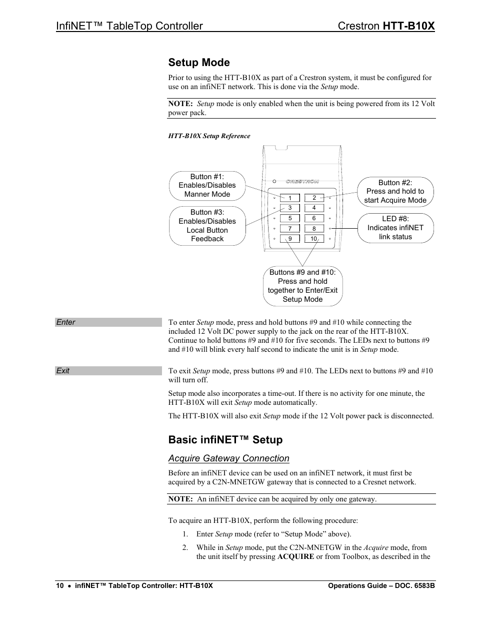 Setup mode, Basic infinet™ setup, Infinet™ tabletop controller crestron htt-b10x | Acquire gateway connection | Crestron electronic htt-b10x User Manual | Page 14 / 28