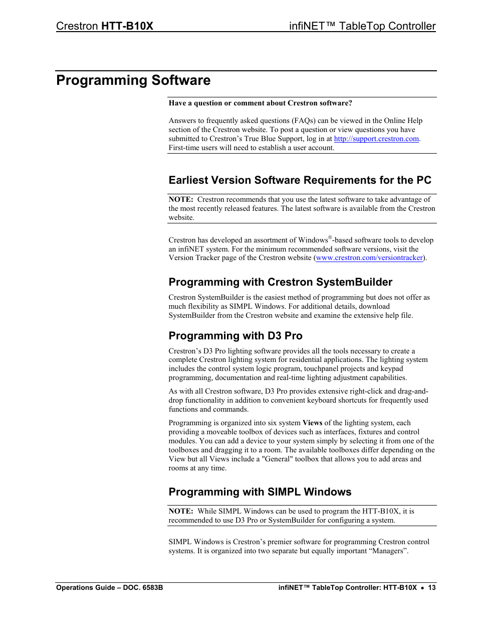 Programming software, Earliest version software requirements for the pc, Programming with crestron systembuilder | Programming with d3 pro, Programming with simpl windows, Crestron htt-b10x infinet™ tabletop controller | Crestron electronic htt-b10x User Manual | Page 17 / 28