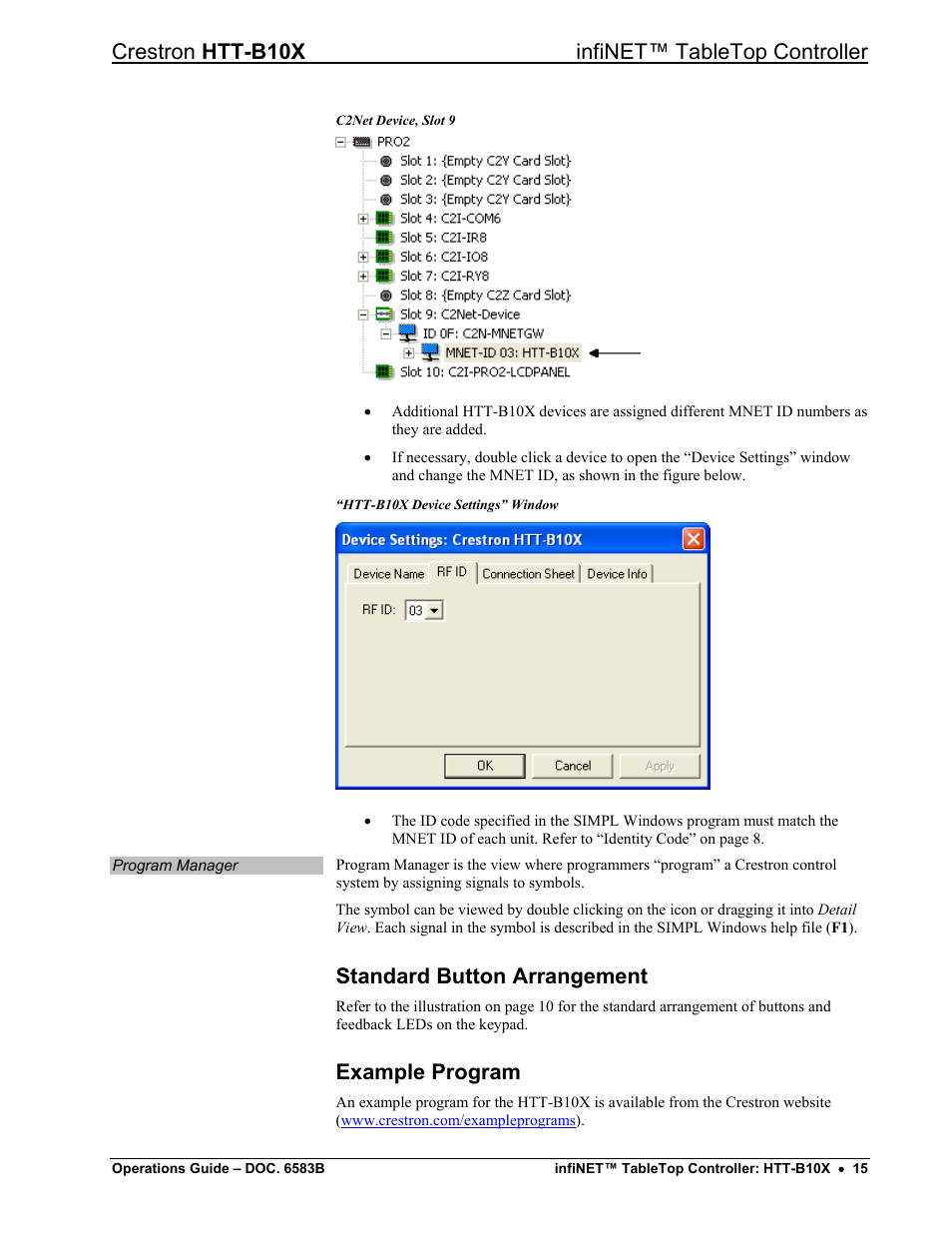 Standard button arrangement, Example program, Crestron htt-b10x infinet™ tabletop controller | Crestron electronic htt-b10x User Manual | Page 19 / 28