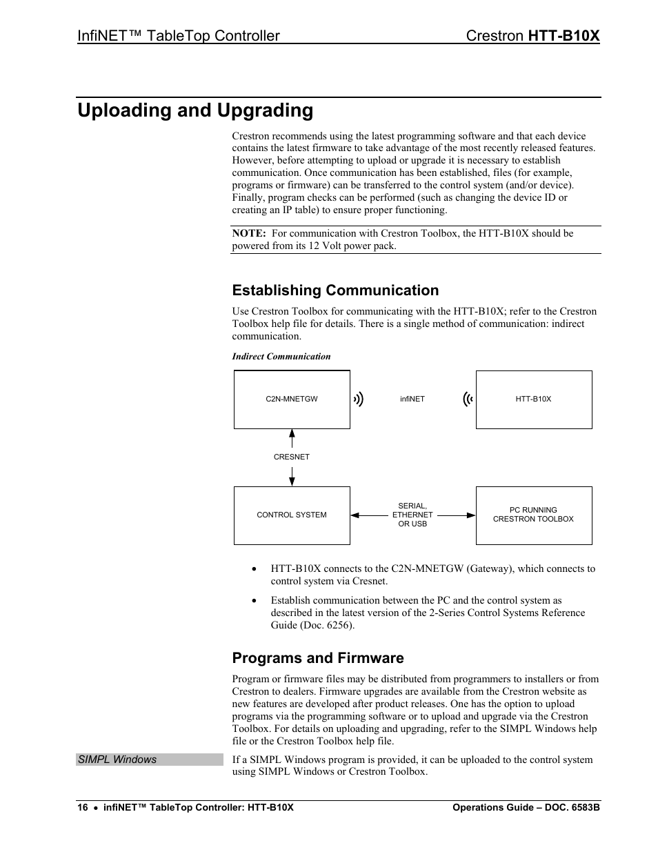 Uploading and upgrading, Establishing communication, Programs and firmware | Infinet™ tabletop controller crestron htt-b10x | Crestron electronic htt-b10x User Manual | Page 20 / 28